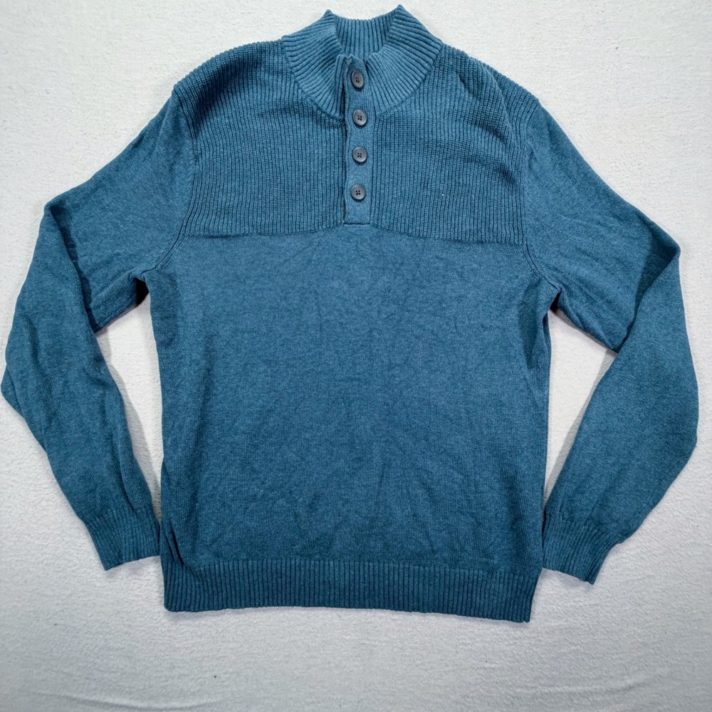 Club Room Sweater Mens Medium Good Blue Mock Neck Quarter Button Ribbed Knit